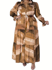 Patchwork Print Button Up Puff Sleeve Maxi Smock Dress