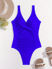 Ruched One Piece Swimsuit V Neck Backless Bathing Suit Women's Swimwear