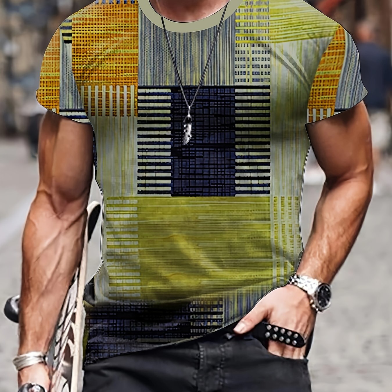 Vintage Style Printed Tee Shirt Men's Casual Street Style Stretch Round Neck Tee