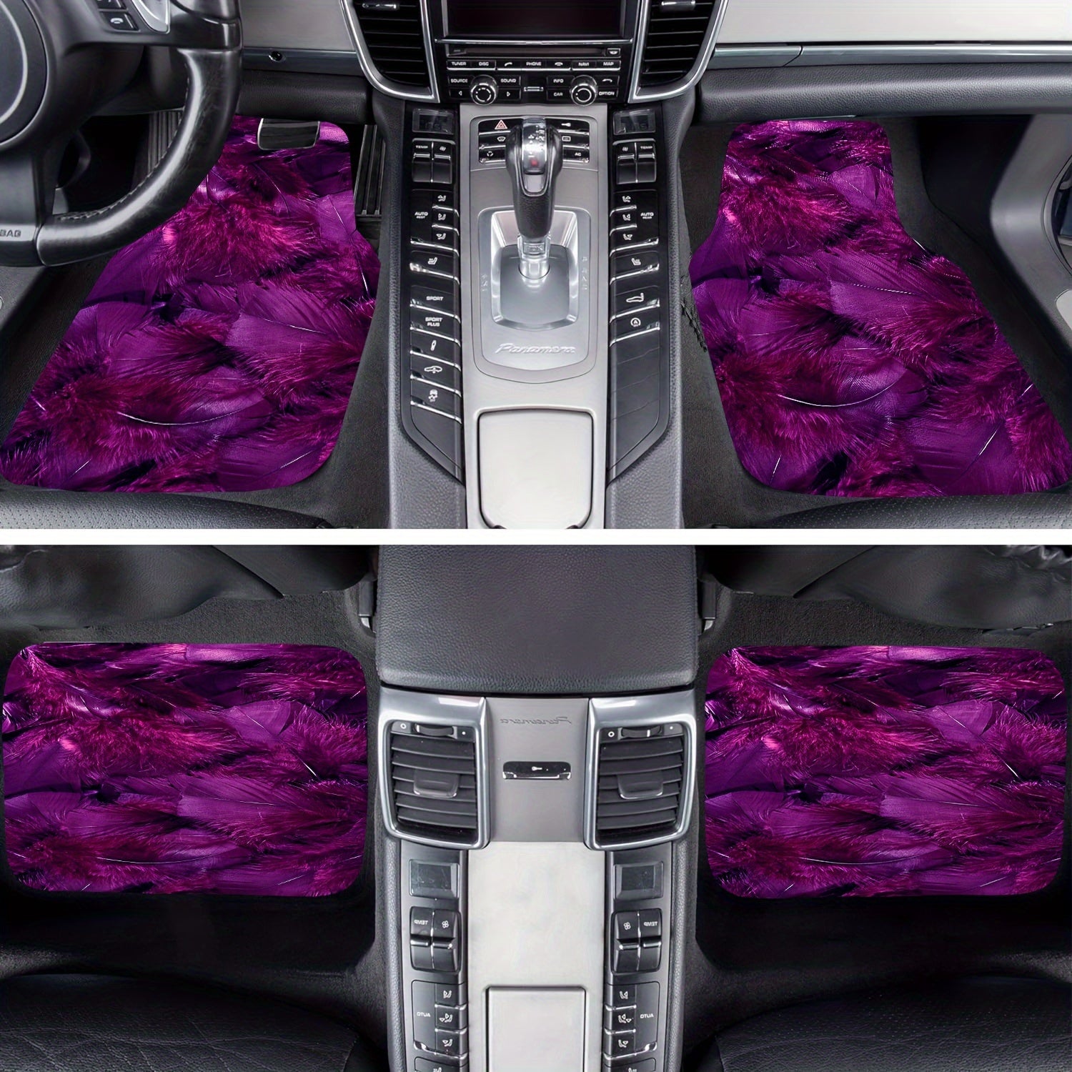 4pcs Purple Feather Car Floor Mats Non-slip Stain-resistant Front Rear Carpets