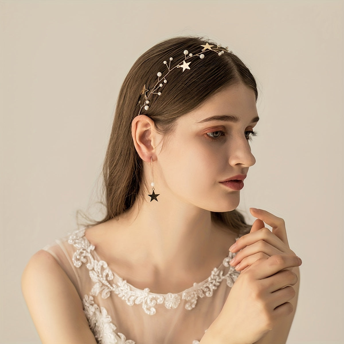Star Shape Head Piece Earrings Set with Faux Pearl Bridal Wedding Accessories