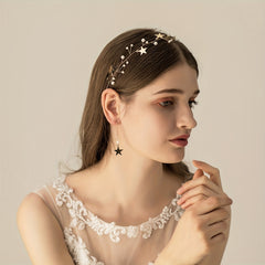 Star Shape Head Piece Earrings Set with Faux Pearl Bridal Wedding Accessories