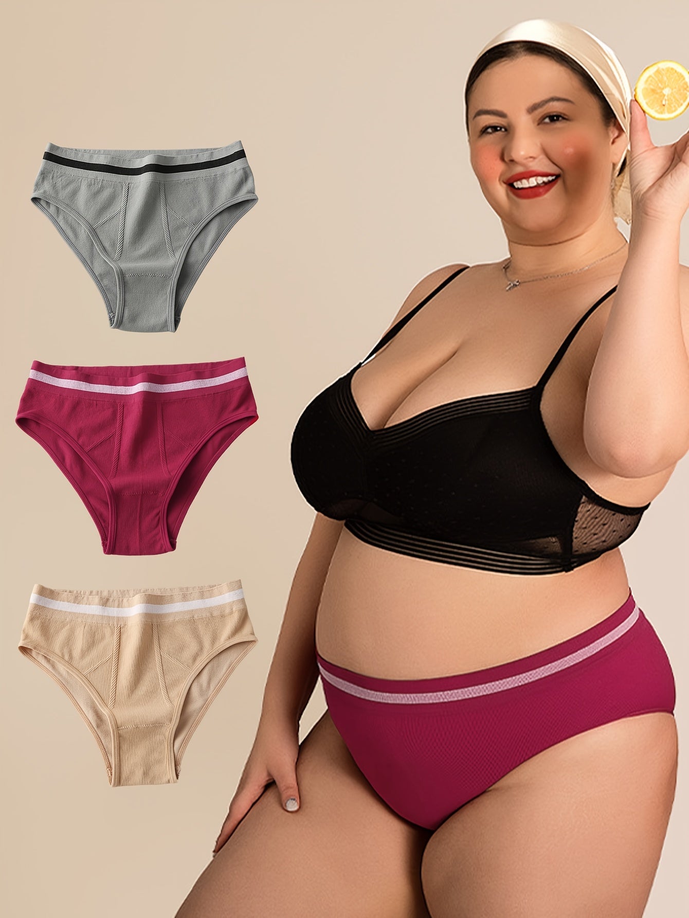 3 Pack Plus Size Panties Set Women's Plus Stripe Print Elastic Waist