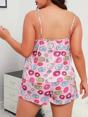 Donut Print Plus Size Pajama Set Cami Top & Shorts