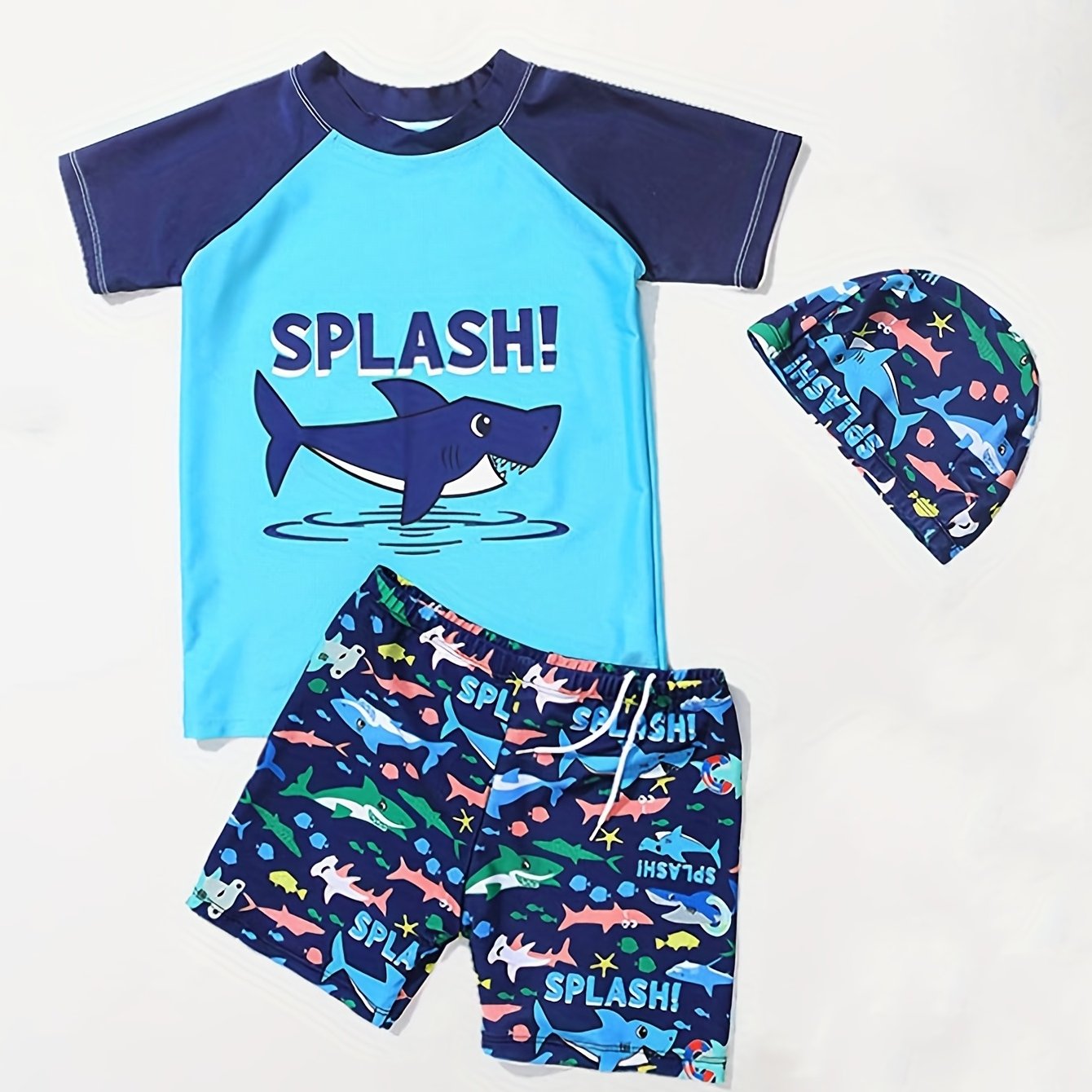 Boys Shark Swim Set - Trunks, Top & Cap - Beach Vacation Clothes