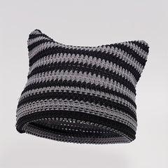 Y2K Striped Cat Ear Knit Hat Summer Ice Silk Beanie