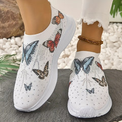 Women's Rhinestone Butterfly Print Running Sport Shoes Colorful Slip On Shoes
