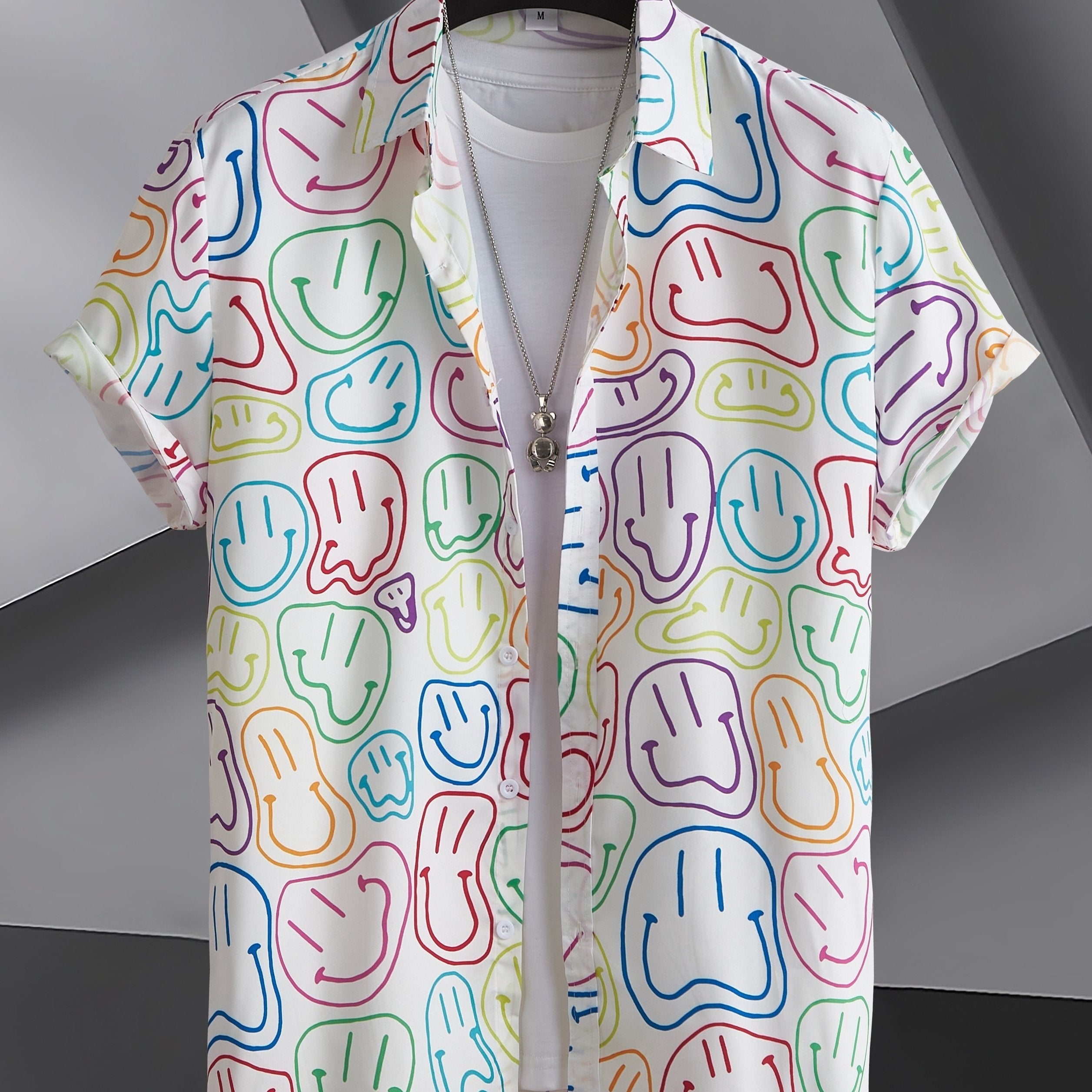 Colorful Smiling Face Men's Short Sleeve Button Up Shirt