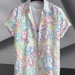 Colorful Smiling Face Men's Short Sleeve Button Up Shirt