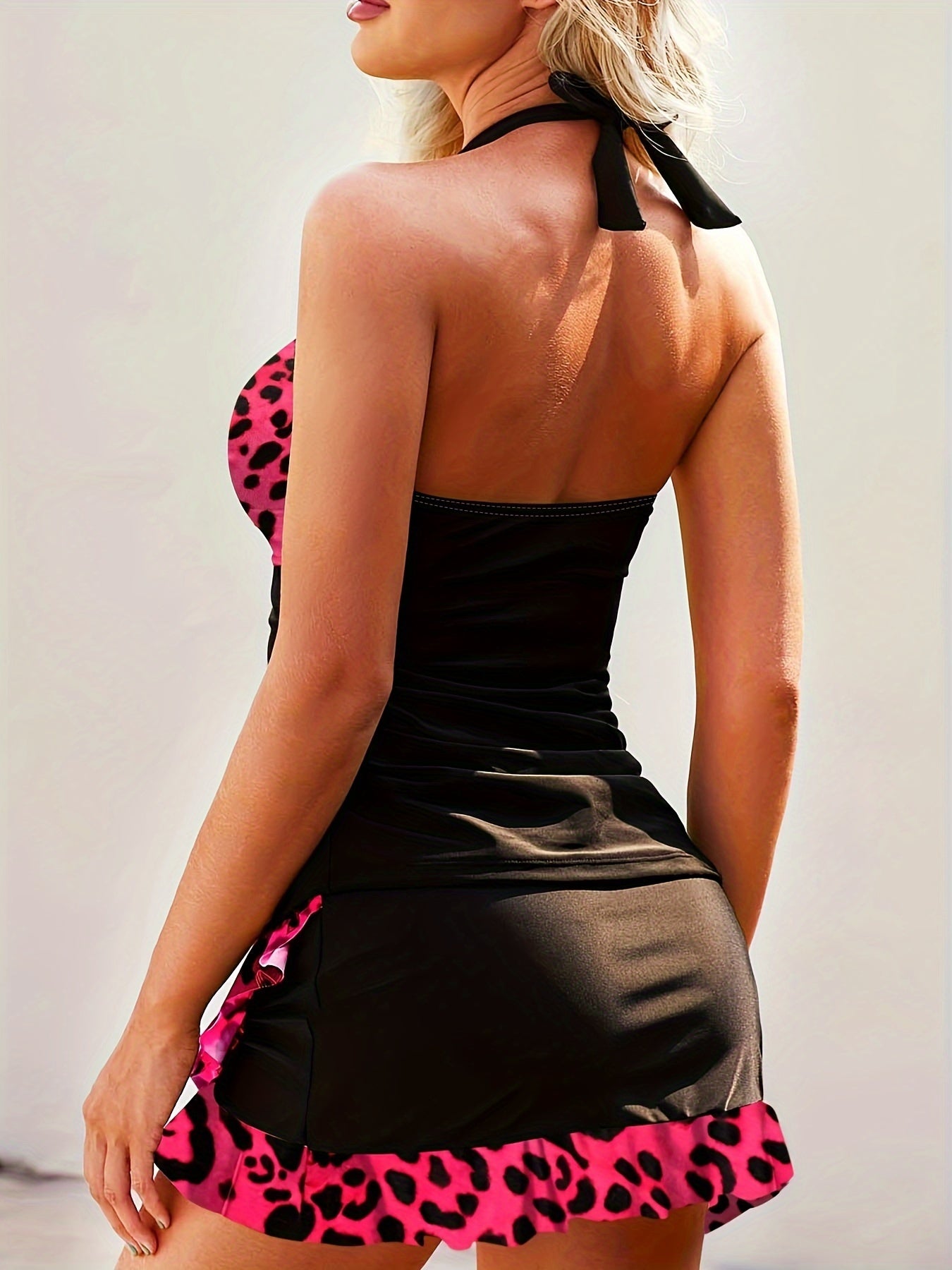 Tankini Set Leopard Print Ruched Trim Halter Top & Skirt Swimsuit