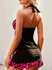 Tankini Set Leopard Print Ruched Trim Halter Top & Skirt Swimsuit