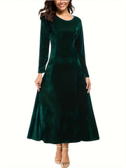Solid Velvet Long Sleeve Round Neck Maxi Dress