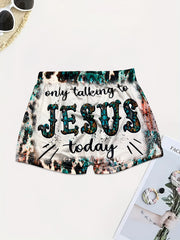Letter & Leopard Print Skinny Shorts Casual Shorts For Spring & Summer