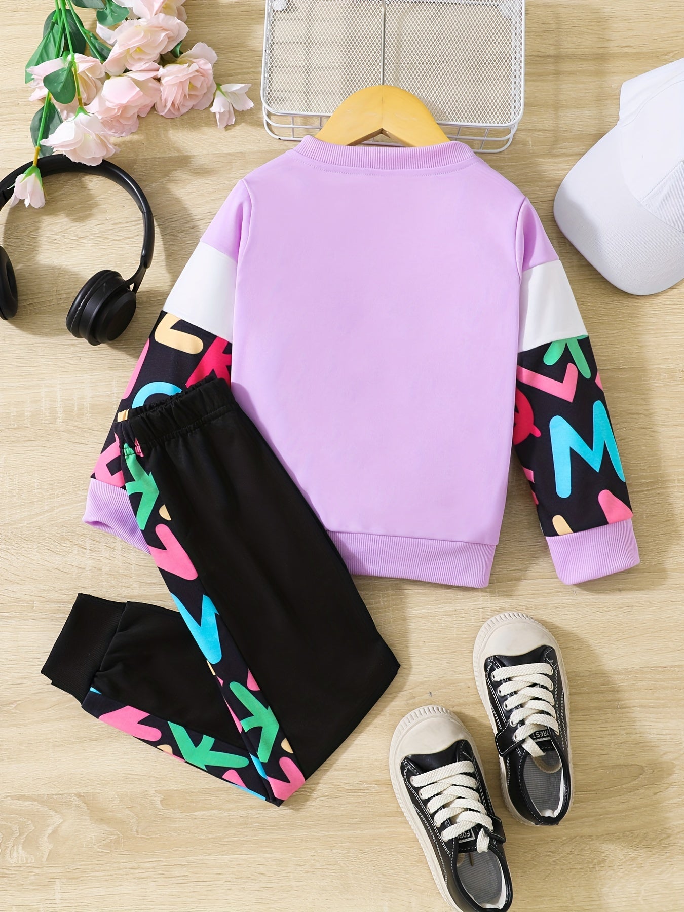Girls Contrast Long Sleeve Sweatshirt & Sweatpants Set Winter Clothes
