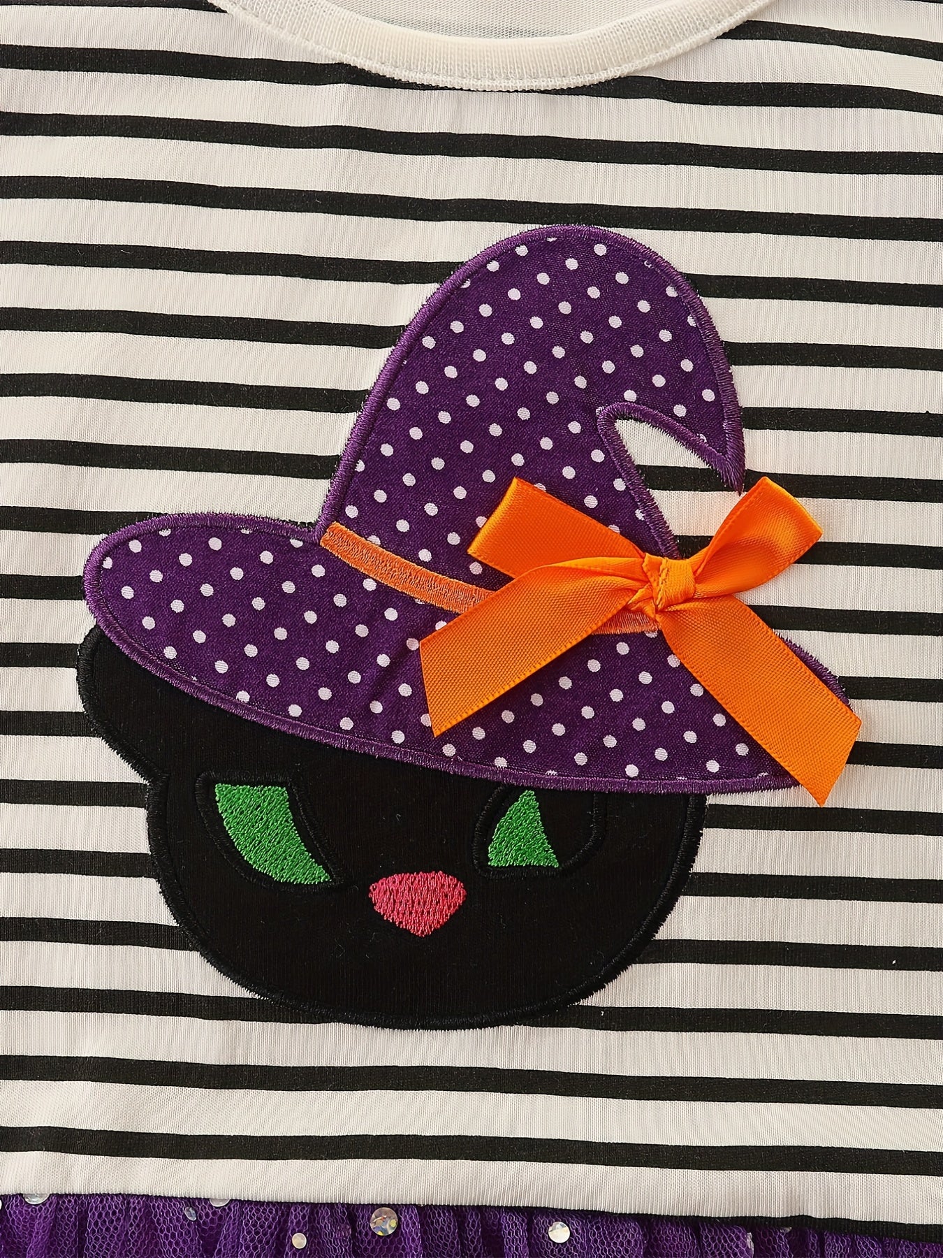 Halloween Witch Embroidered Striped Dress for Toddler Girls