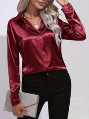 Solid Smoothly Shirt Button Front Turn Down Collar Long Sleeve Shirt