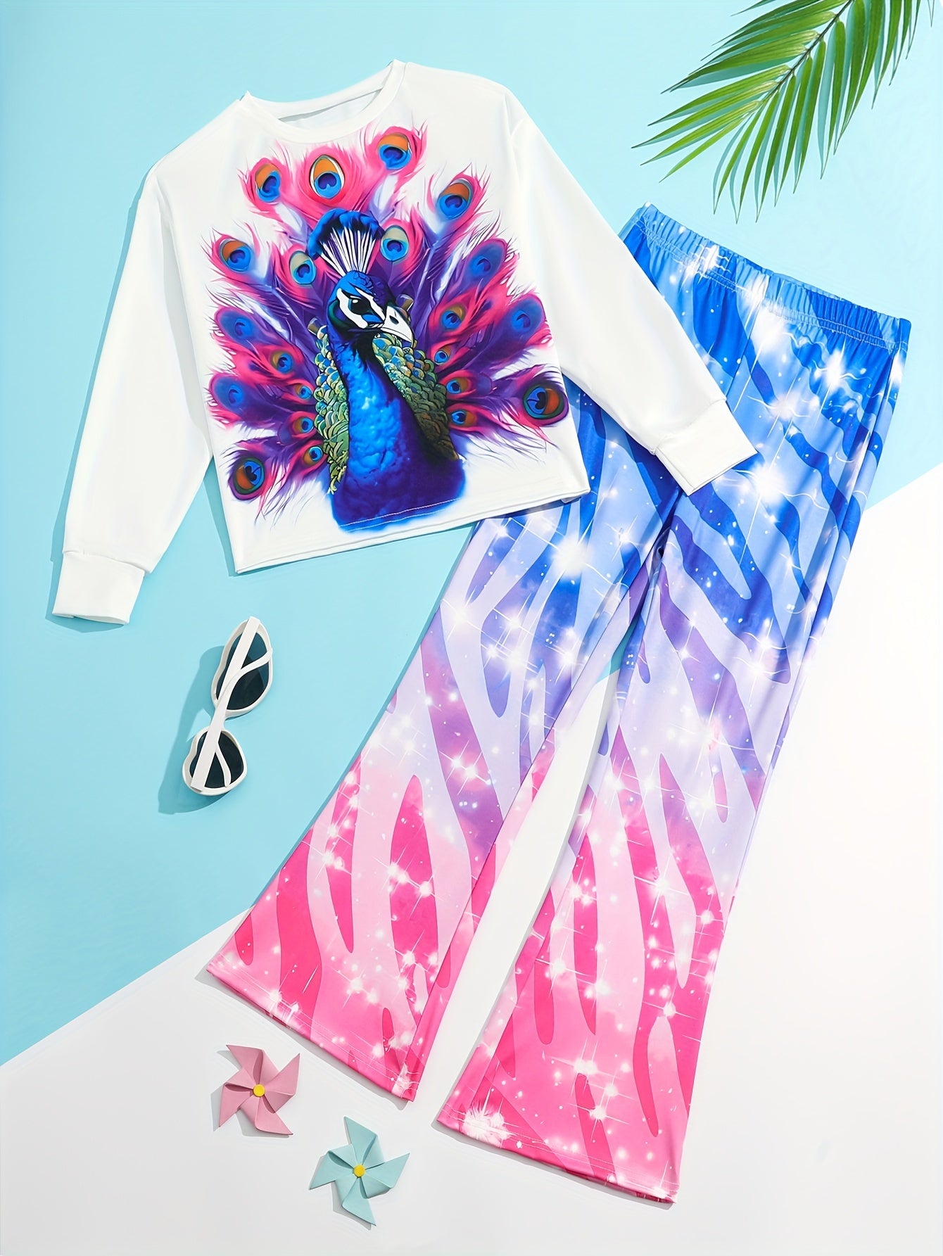 Girls Peacock Graphic 2pcs Outfits Comfy Sets For Spring Fall Sports Gift