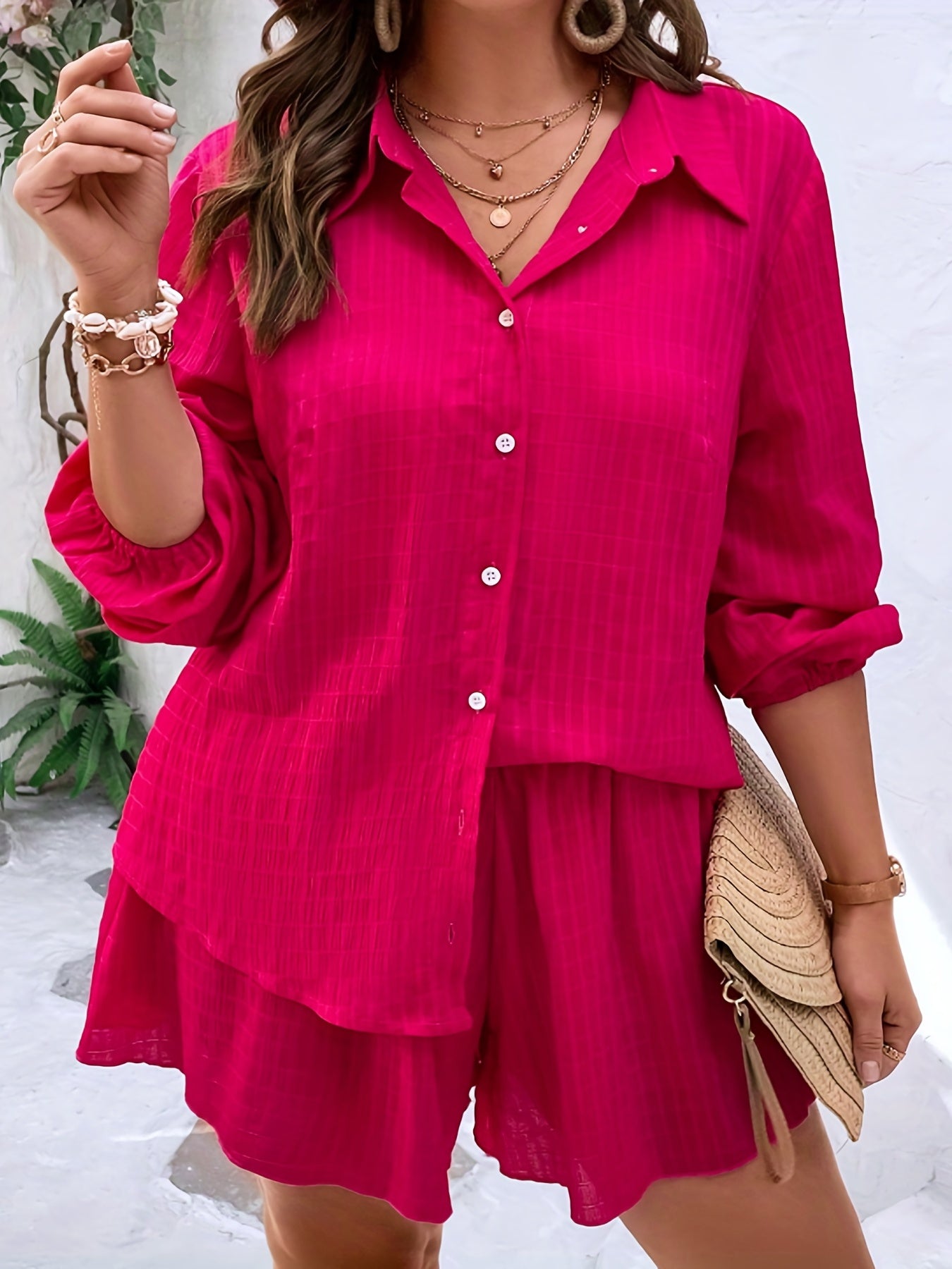 Solid Button Up Blouse & Shorts Set