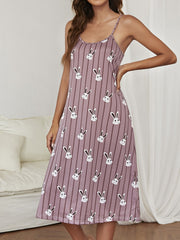 Cute Rabbit Print Slip Dress Vertical Striped Sleepwear Women's Casual Nightgown