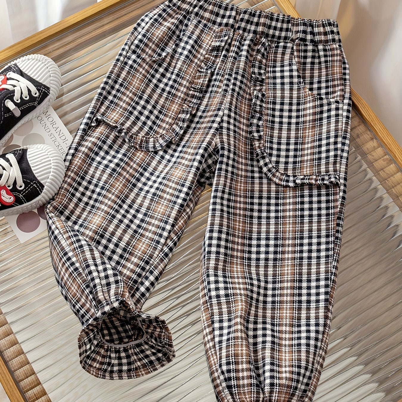 Girls' Plaid Print Ruffle Jogger Trousers For Kids Outfit
