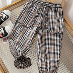 Girls' Plaid Print Ruffle Jogger Trousers For Kids Outfit