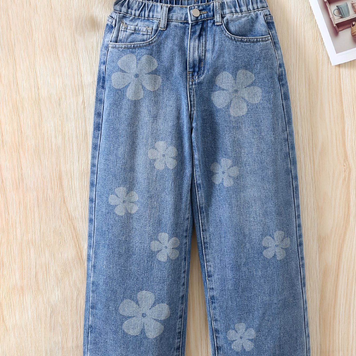 Girls Flowers Graphic Cotton Jeans Casual Pocket Denim Pants