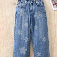 Girls Flowers Graphic Cotton Jeans Casual Pocket Denim Pants