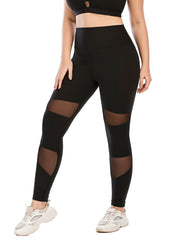 Contrast Mesh Yoga Sports Leggings With Pocket Women's Plus Size