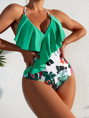 Tropical Print Ruffle One Piece Swimsuit Green V-Neck Cross Back