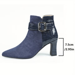 Women's Patent Leather Boots Point Toe Side Zipper Buckle Cone Heel Shoes