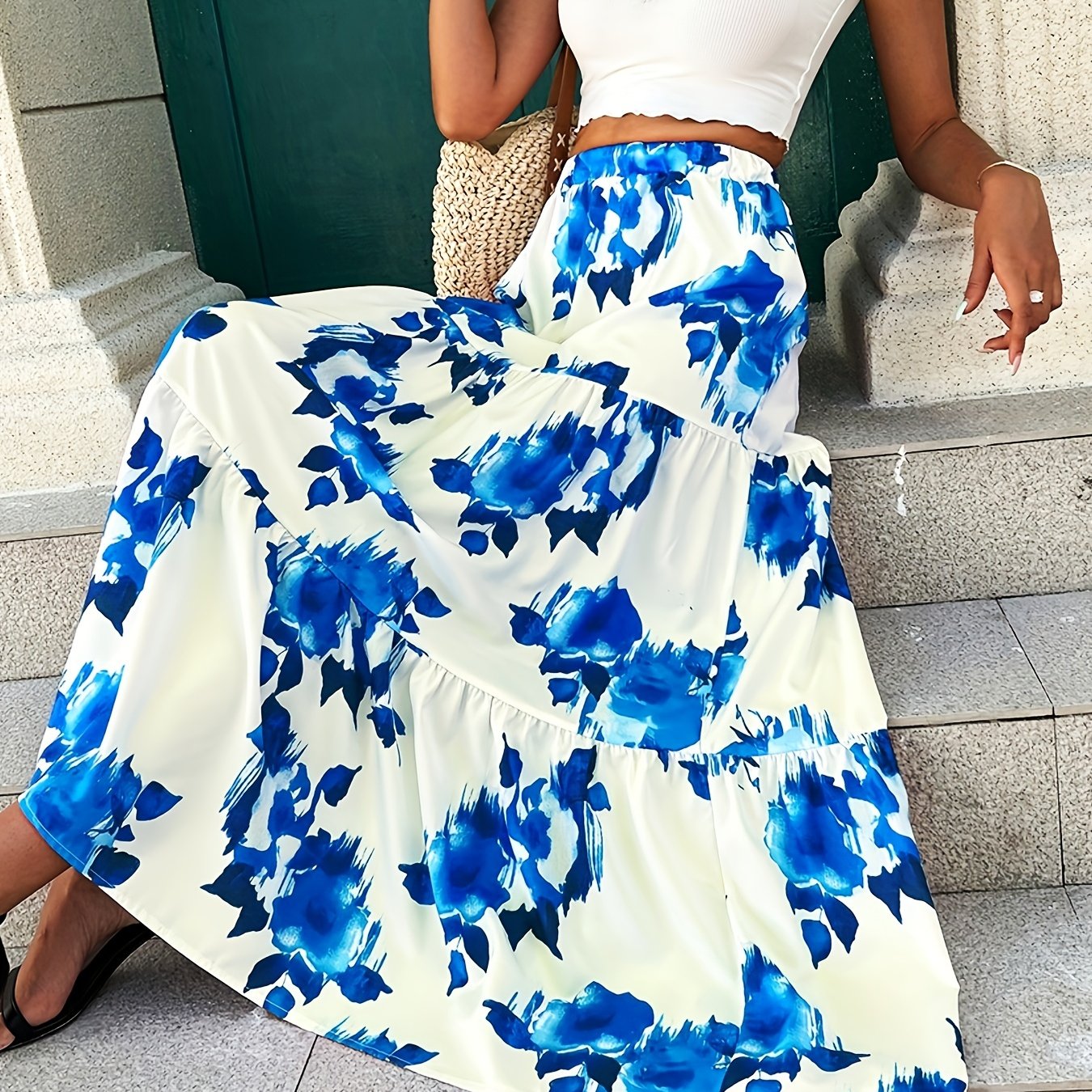 Floral Print Elastic Waist Long Skirt for Women