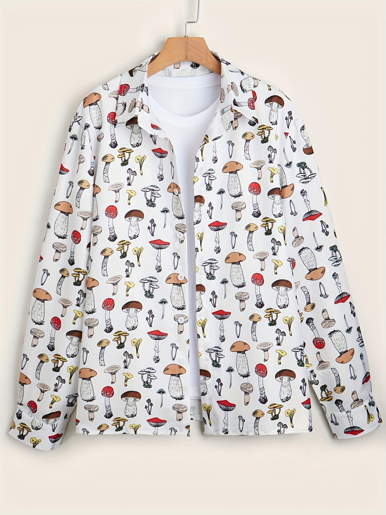 Mushroom Print Men's Button-Up Long Sleeve Shirt