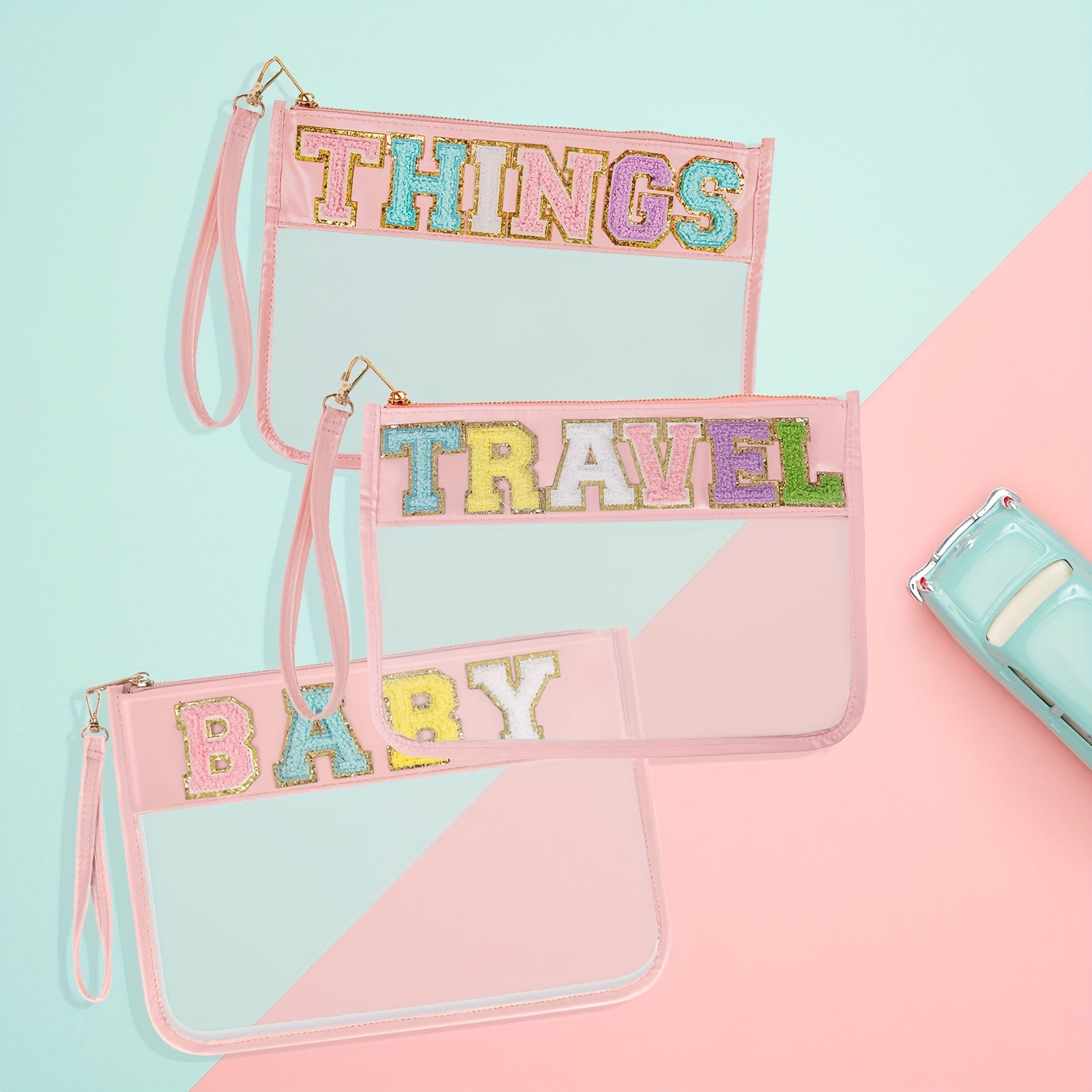 Monogram PVC & PU Clear Zipper Pouch Wristlet Glitter Makeup Beach Pouch