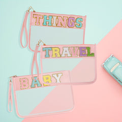 Monogram PVC & PU Clear Zipper Pouch Wristlet Glitter Makeup Beach Pouch
