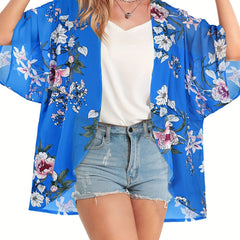 Floral Pattern Cover Up Shirt V Neck Half Sleeves Beachwear Cardigan