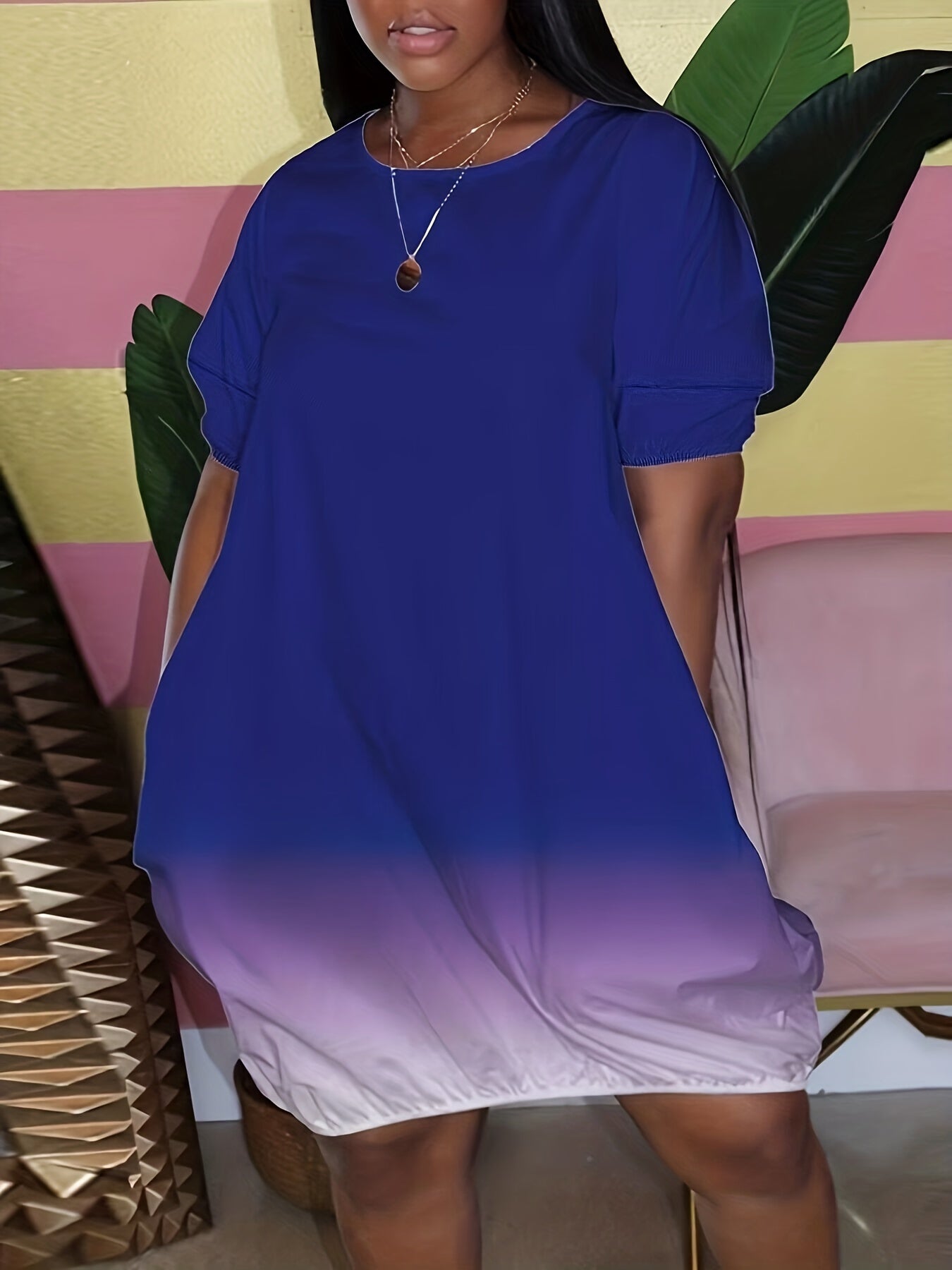 Ombre Print Round Neck Short Tee Dress Women's Plus Casual Mini Dress