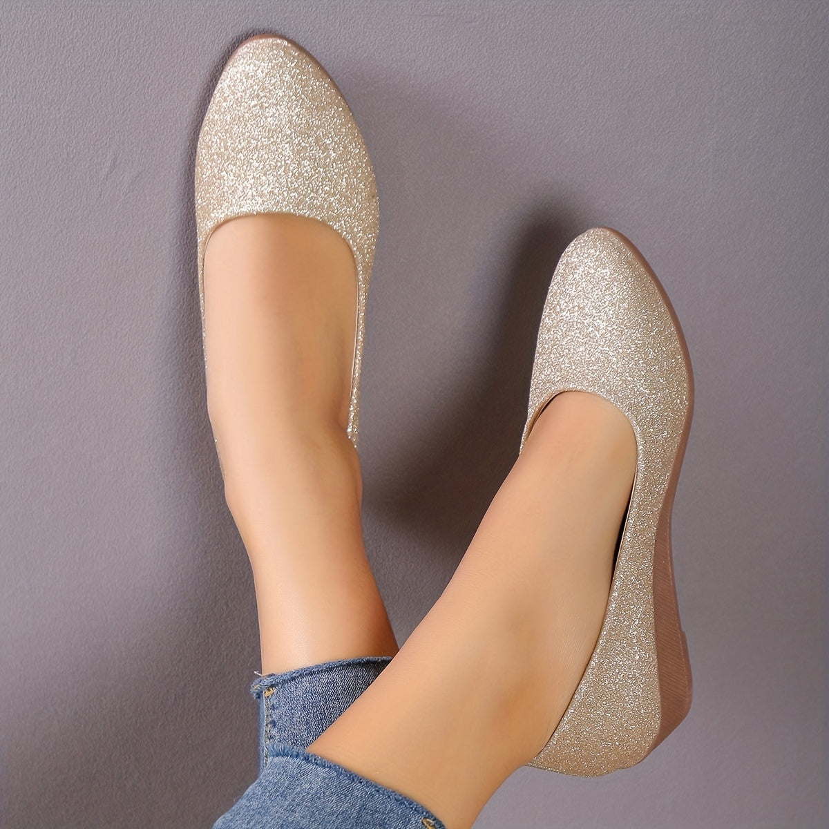 Women's Sequins Ballet Slip On Low Round Toe Soft Slides Shoes