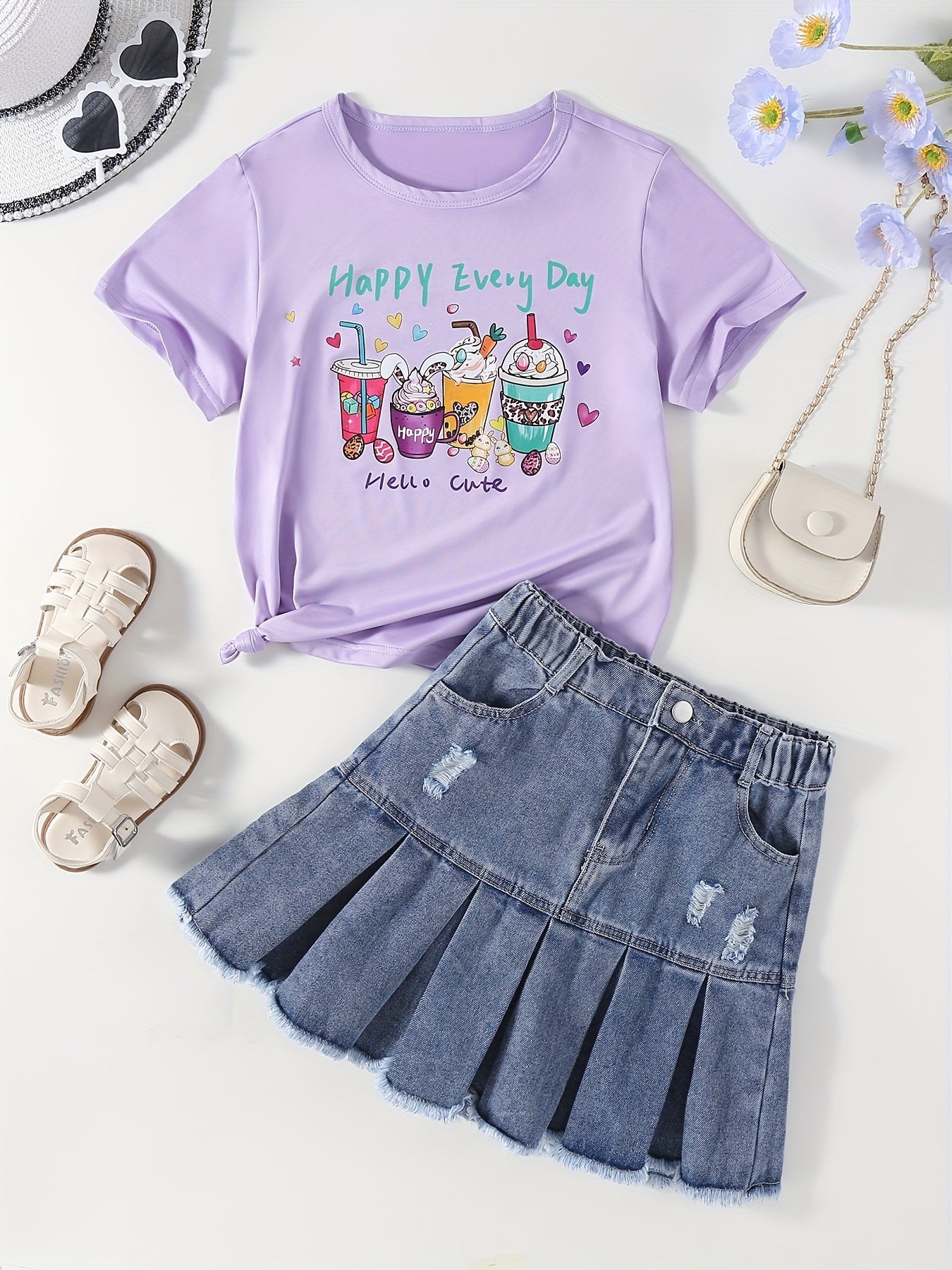 Girl's HAPPY EVERY Letter Tee Top & Denim Skirt Set