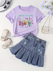 Girl's HAPPY EVERY Letter Tee Top & Denim Skirt Set