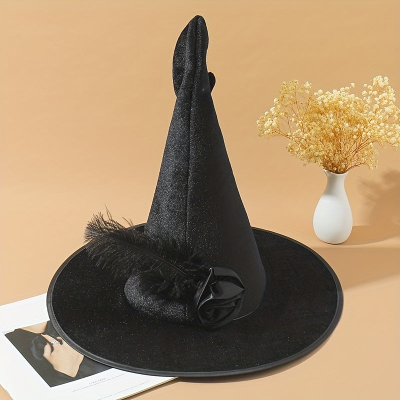 Halloween Witch Hat Feather Rose Decor Magic Wizard Hat