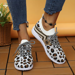 Leopard Print Mesh Lace-up Sneakers Soft Sole Casual Shoes