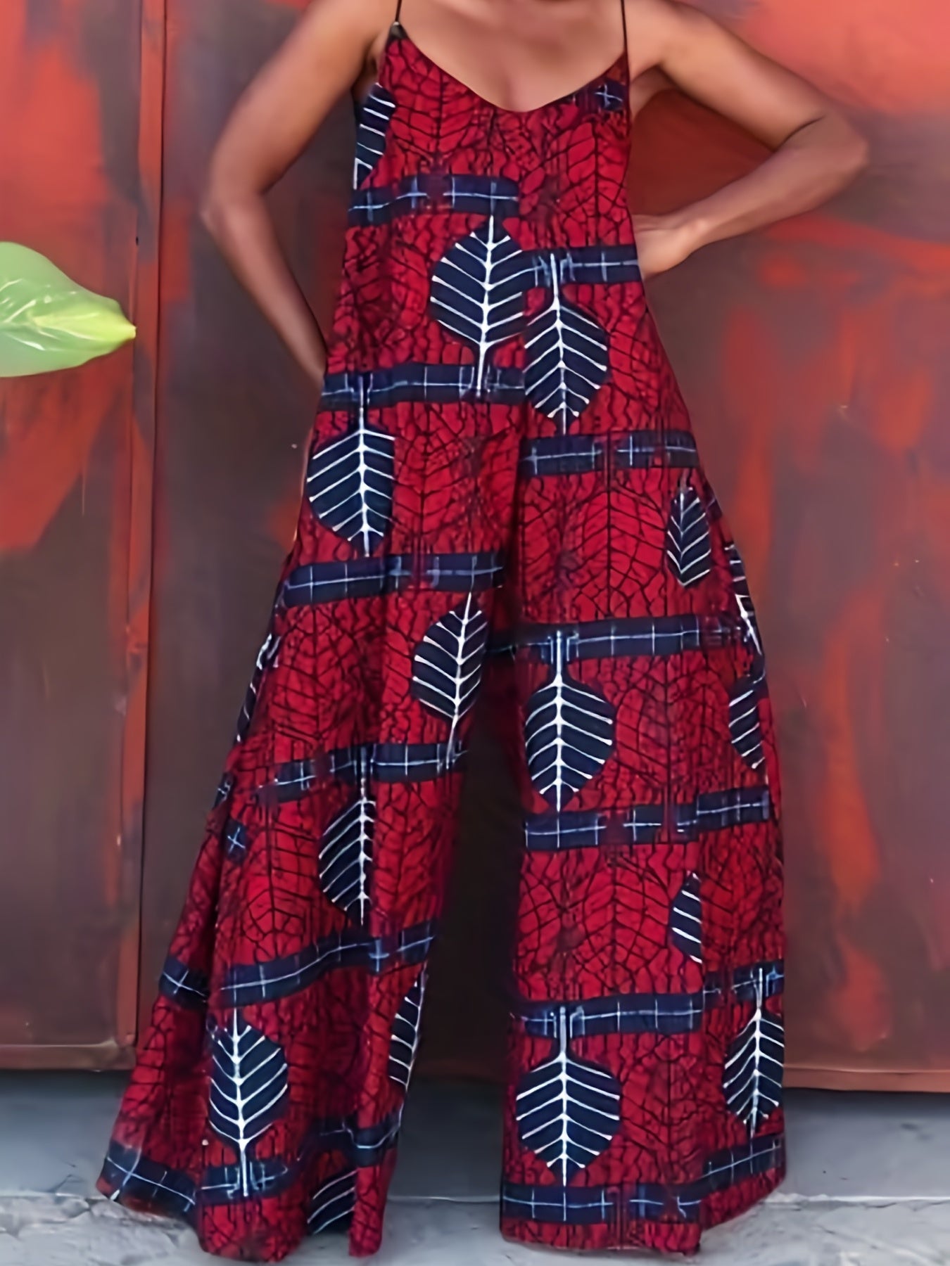 Leaves Print Spaghetti Strap Jumpsuit Vacation