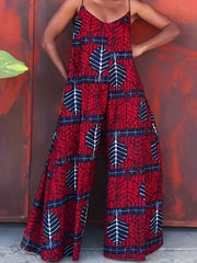 Leaves Print Spaghetti Strap Jumpsuit Vacation