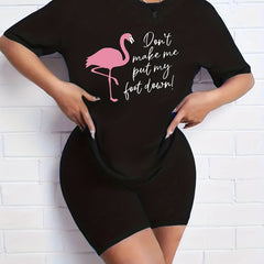 Flamingo Print T-shirt & Solid Shorts Set Women's Activewear