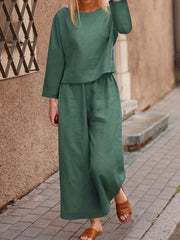 Casual Boat Neck Long Sleeve Tops & Wide Leg Pants Set