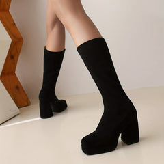 Women's Chunky Heel Slip On Platform Boots Square Toe