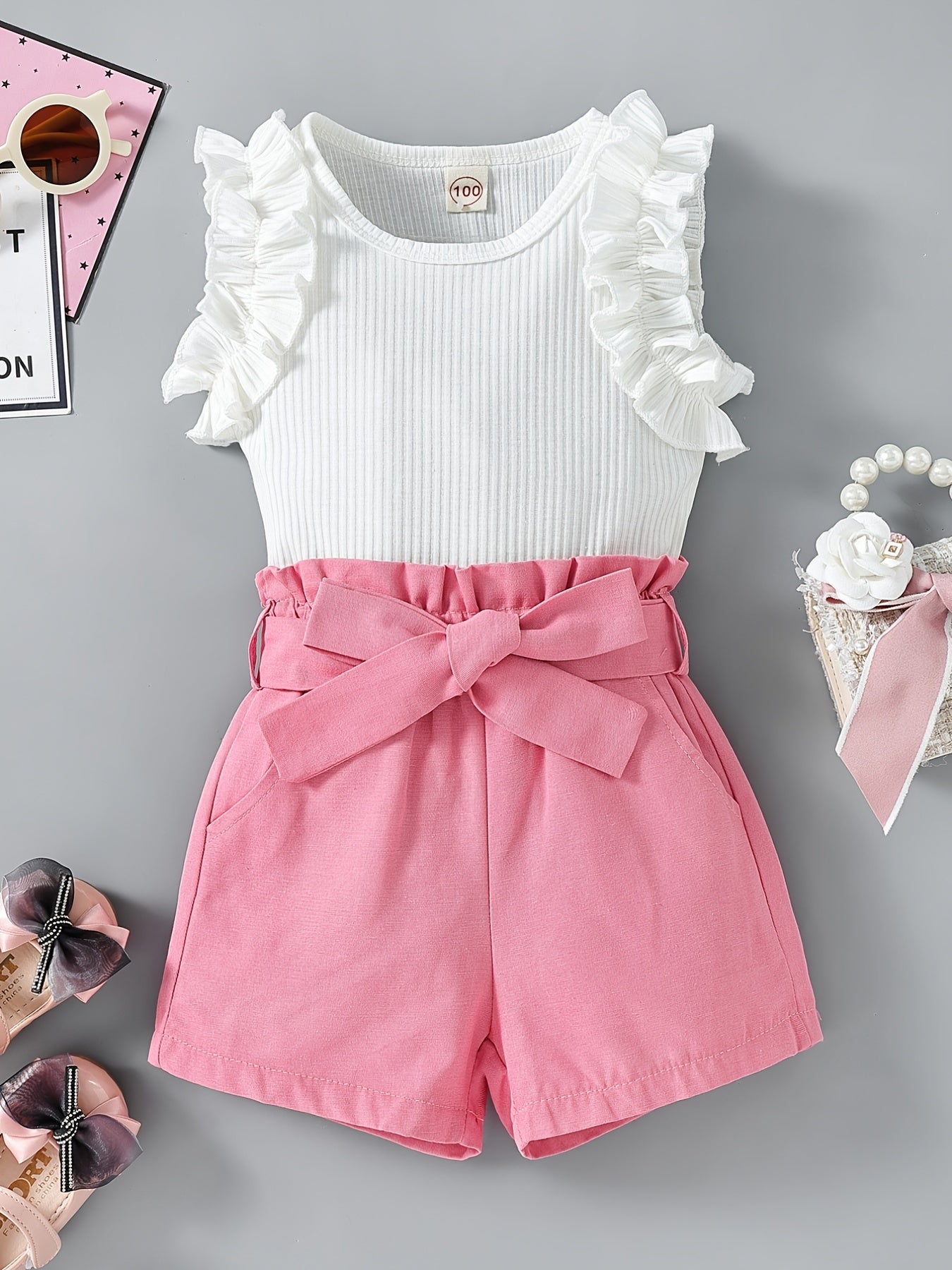 2pcs Toddler Girls Ruffle Top & Belted Shorts Set Kids Summer Clothes
