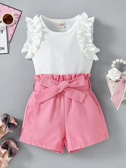 2pcs Toddler Girls Ruffle Top & Belted Shorts Set Kids Summer Clothes
