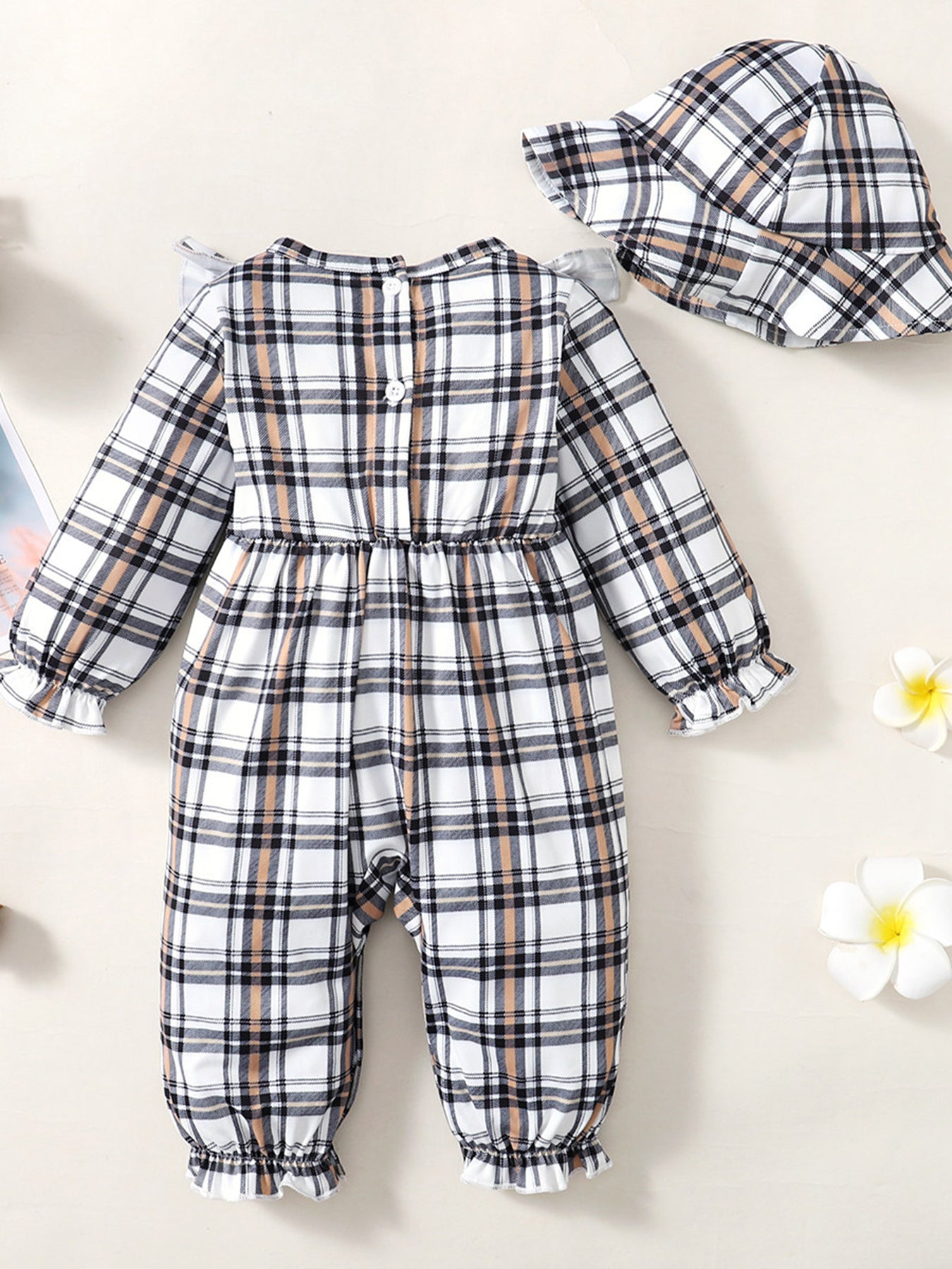 Christmas Baby Plaid Bowknot Jumpsuit & Hat Set