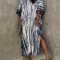 Stripes Print V Neck Beach Cover Up Dress Loose Fit Half Sleeves